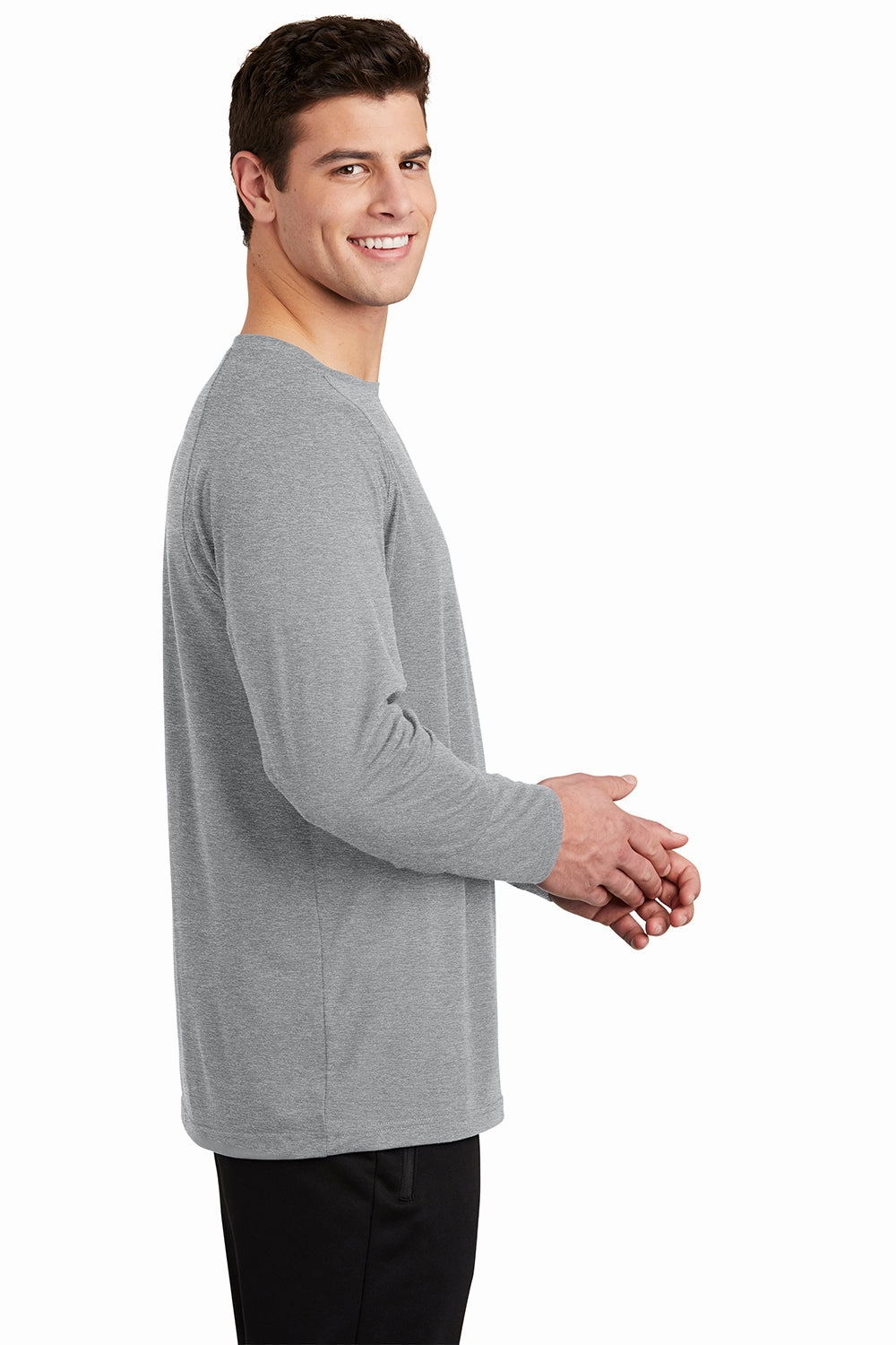 Sport-Tek Mens Ultimate Performance Moisture Wicking Long Sleeve Crewneck T-Shirt - Heather Grey