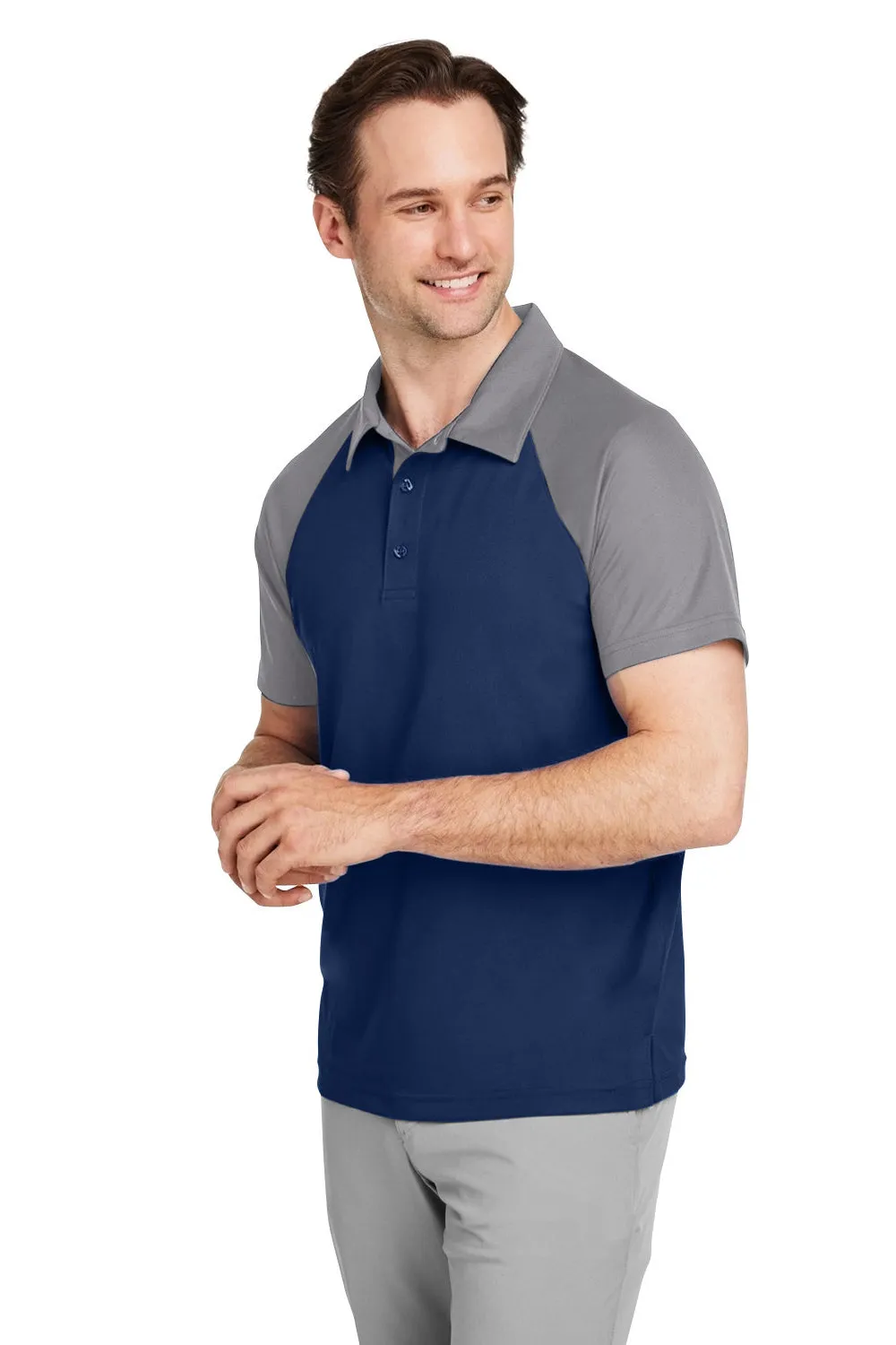 Team 365 Mens Command Colorblock Moisture Wicking Short Sleeve Polo Shirt - Dark Navy Blue/Graphite Grey