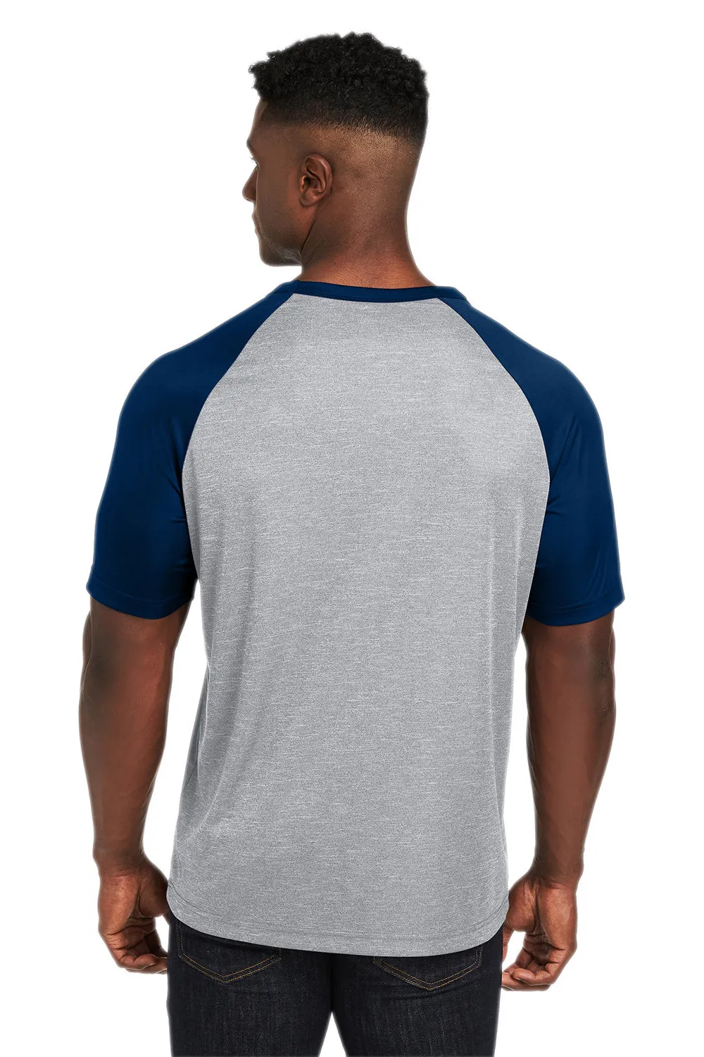 Team 365 Mens Zone Colorblock Moisture Wicking Short Sleeve Crewneck T-Shirt - Heather Grey/Dark Navy Blue