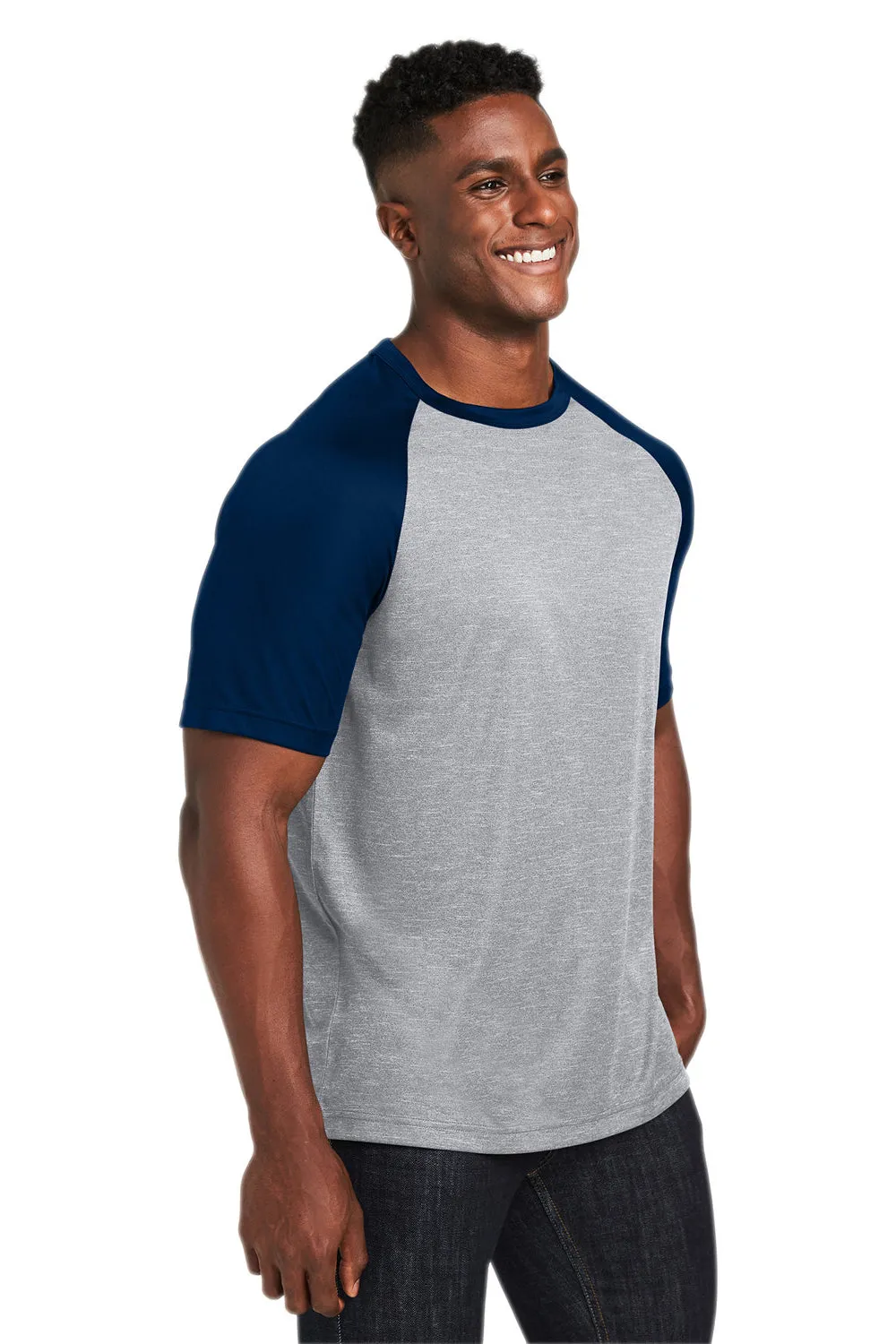 Team 365 Mens Zone Colorblock Moisture Wicking Short Sleeve Crewneck T-Shirt - Heather Grey/Dark Navy Blue