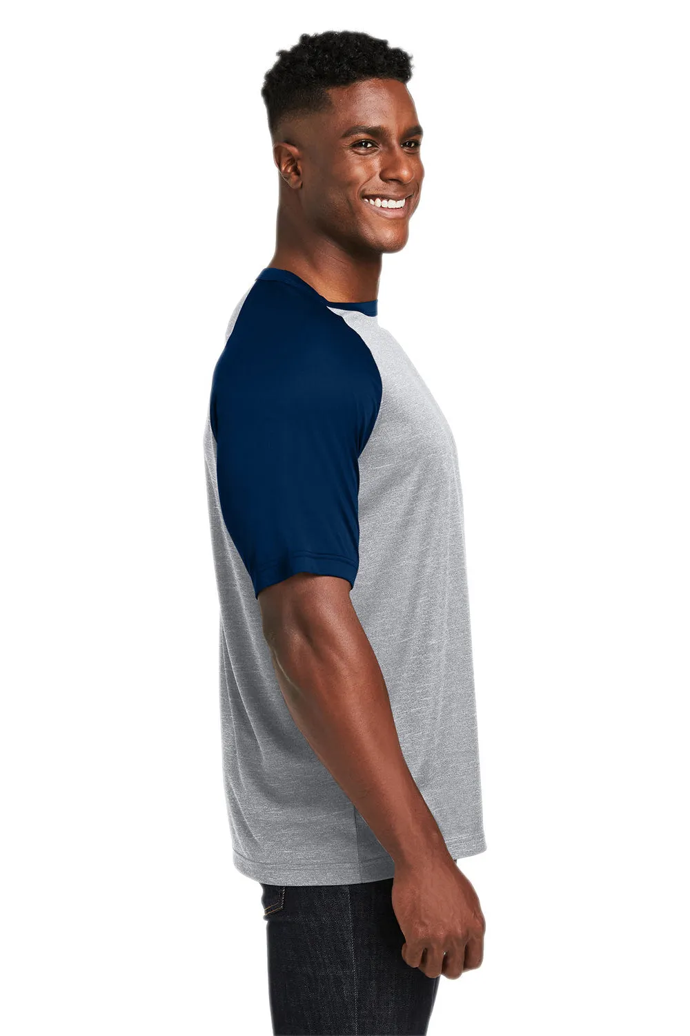 Team 365 Mens Zone Colorblock Moisture Wicking Short Sleeve Crewneck T-Shirt - Heather Grey/Dark Navy Blue