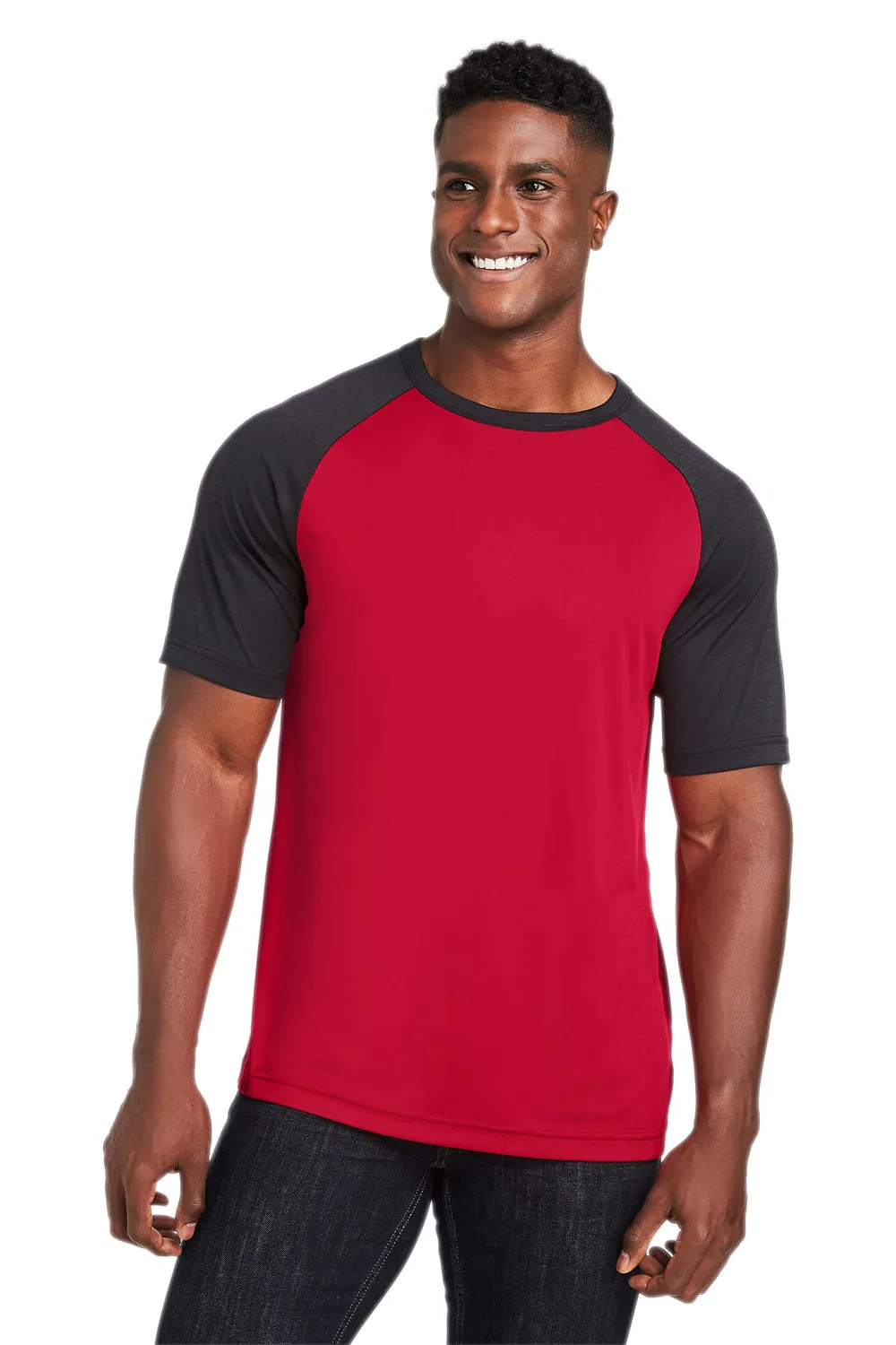 Team 365 Mens Zone Colorblock Moisture Wicking Short Sleeve Crewneck T-Shirt - Red/Heather Black