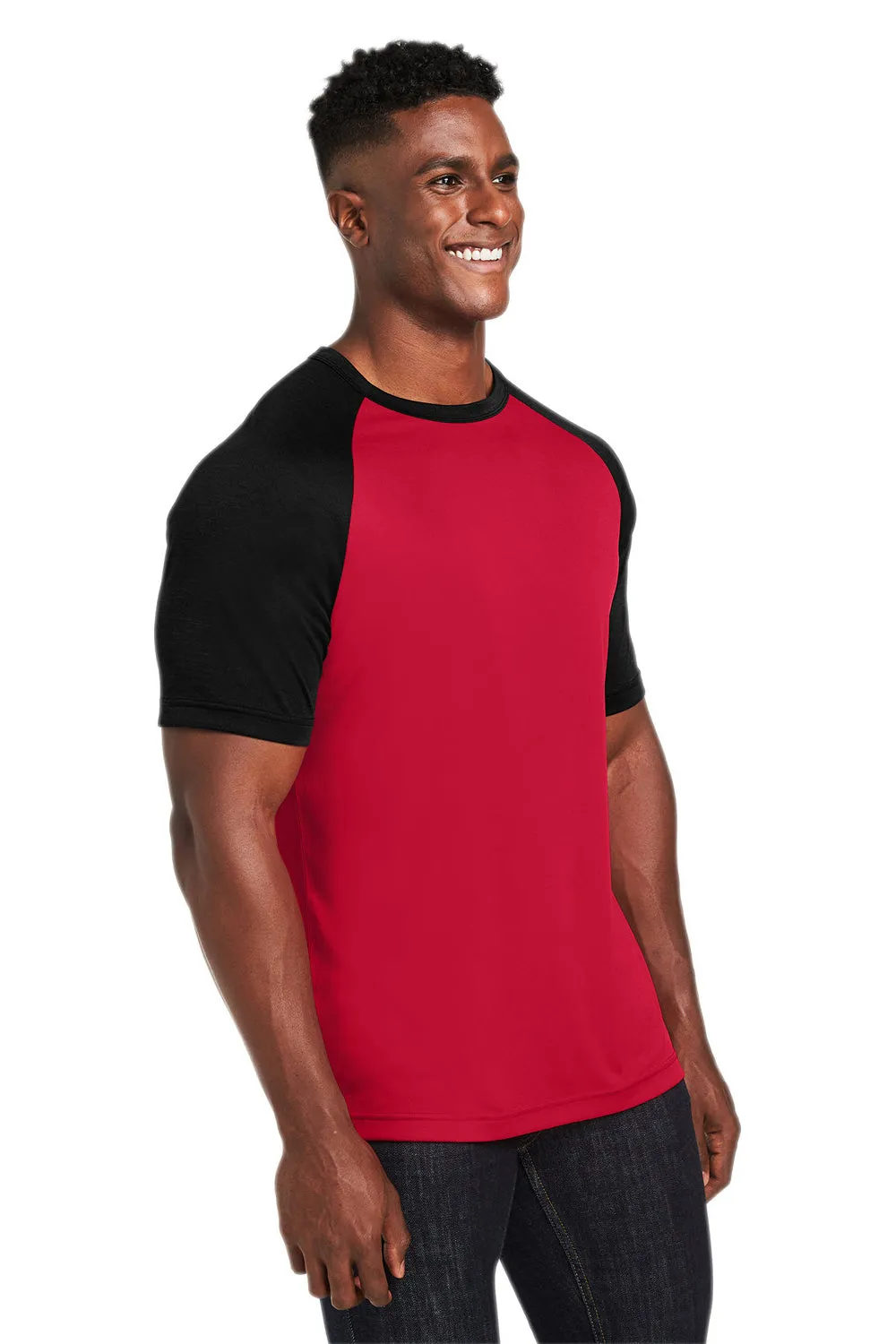 Team 365 Mens Zone Colorblock Moisture Wicking Short Sleeve Crewneck T-Shirt - Red/Heather Black