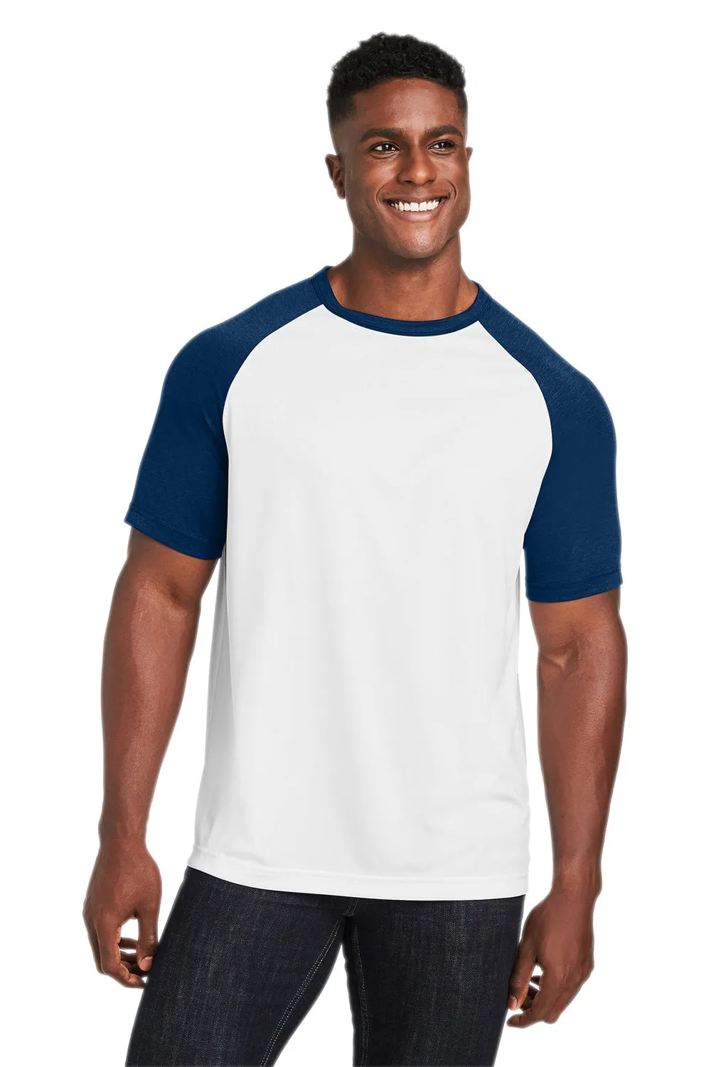 Team 365 Mens Zone Colorblock Moisture Wicking Short Sleeve Crewneck T-Shirt - White/Heather Dark Navy Blue