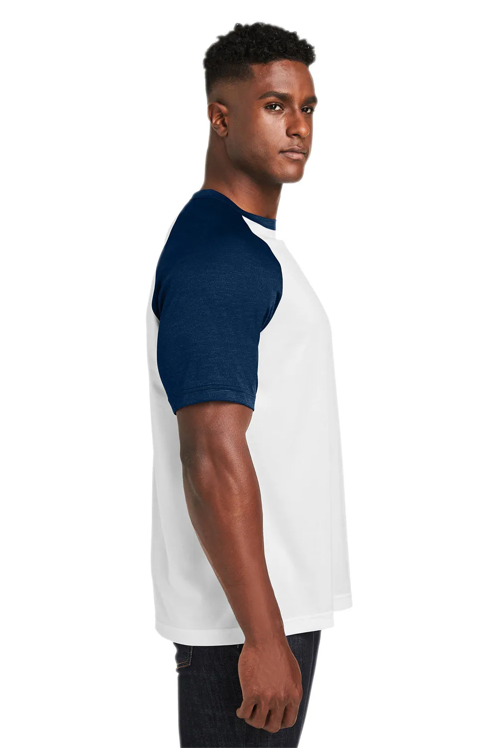Team 365 Mens Zone Colorblock Moisture Wicking Short Sleeve Crewneck T-Shirt - White/Heather Dark Navy Blue