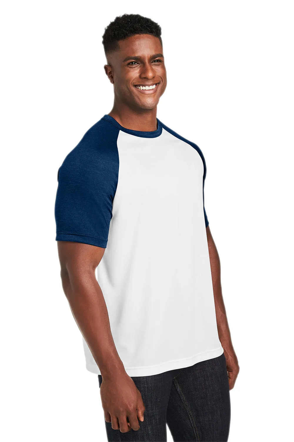 Team 365 Mens Zone Colorblock Moisture Wicking Short Sleeve Crewneck T-Shirt - White/Heather Dark Navy Blue