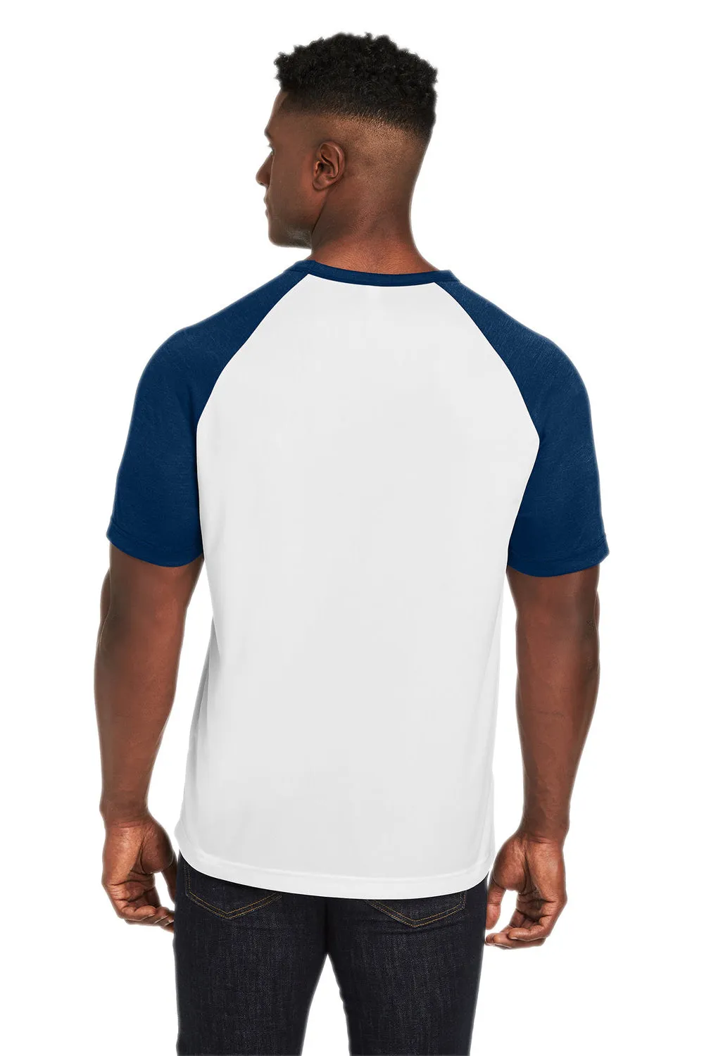 Team 365 Mens Zone Colorblock Moisture Wicking Short Sleeve Crewneck T-Shirt - White/Heather Dark Navy Blue