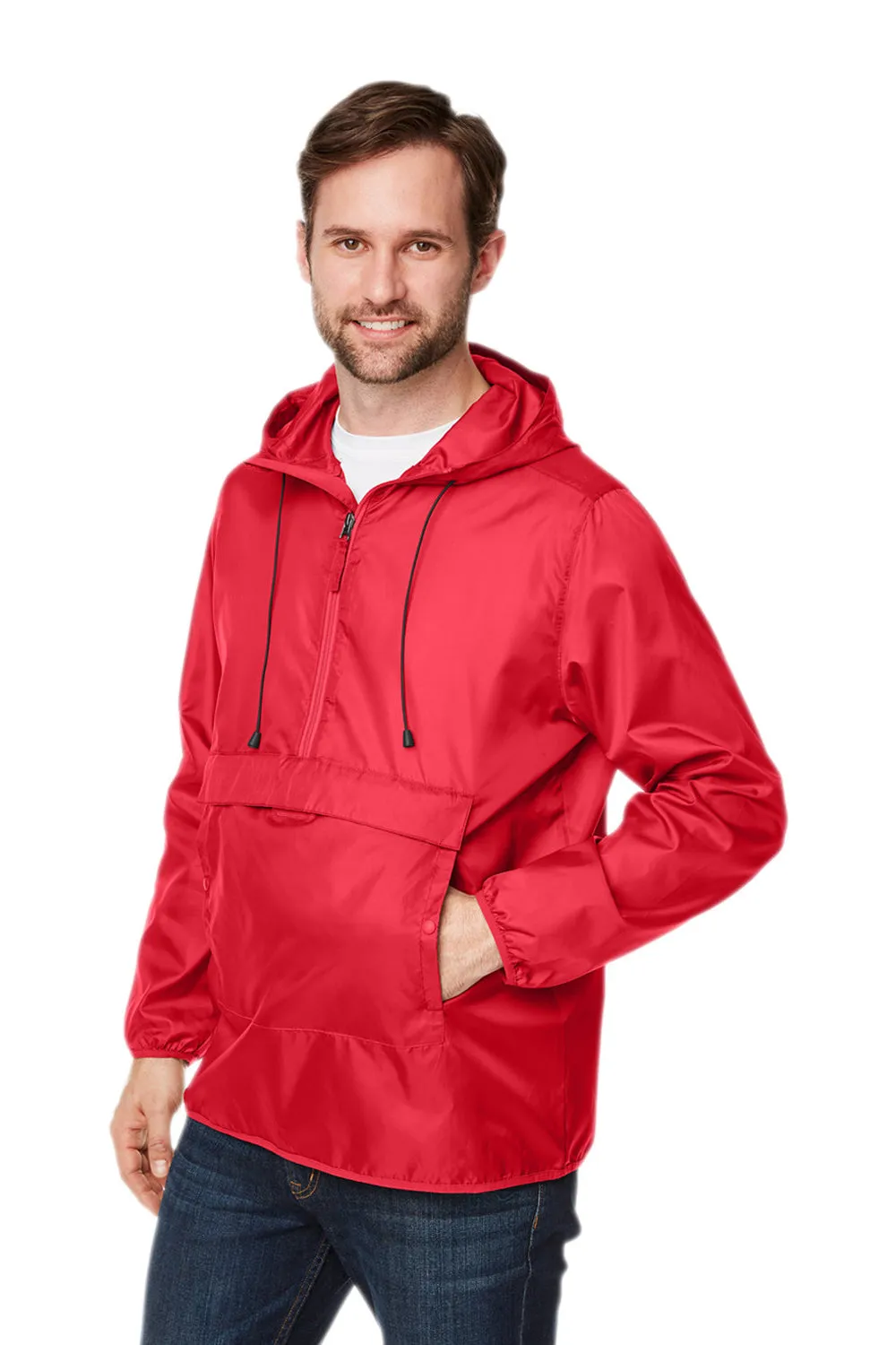Team 365 Mens Zone Protect Water Resistant Hooded Packable Hooded 1/4 Zip Anorak Jacket - Red