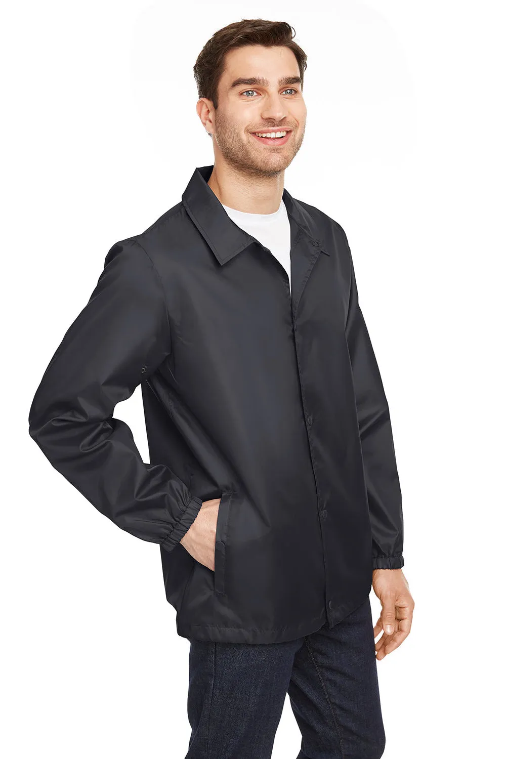 Team 365 Mens Zone Protect Water Resistant Snap Down Coaches Jacket - Black