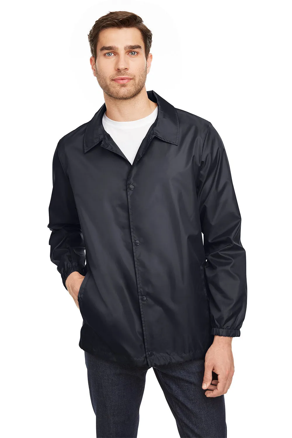 Team 365 Mens Zone Protect Water Resistant Snap Down Coaches Jacket - Black