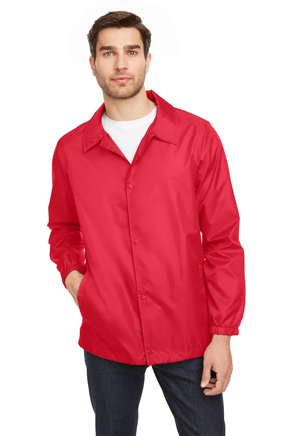 Team 365 Mens Zone Protect Water Resistant Snap Down Coaches Jacket - Red