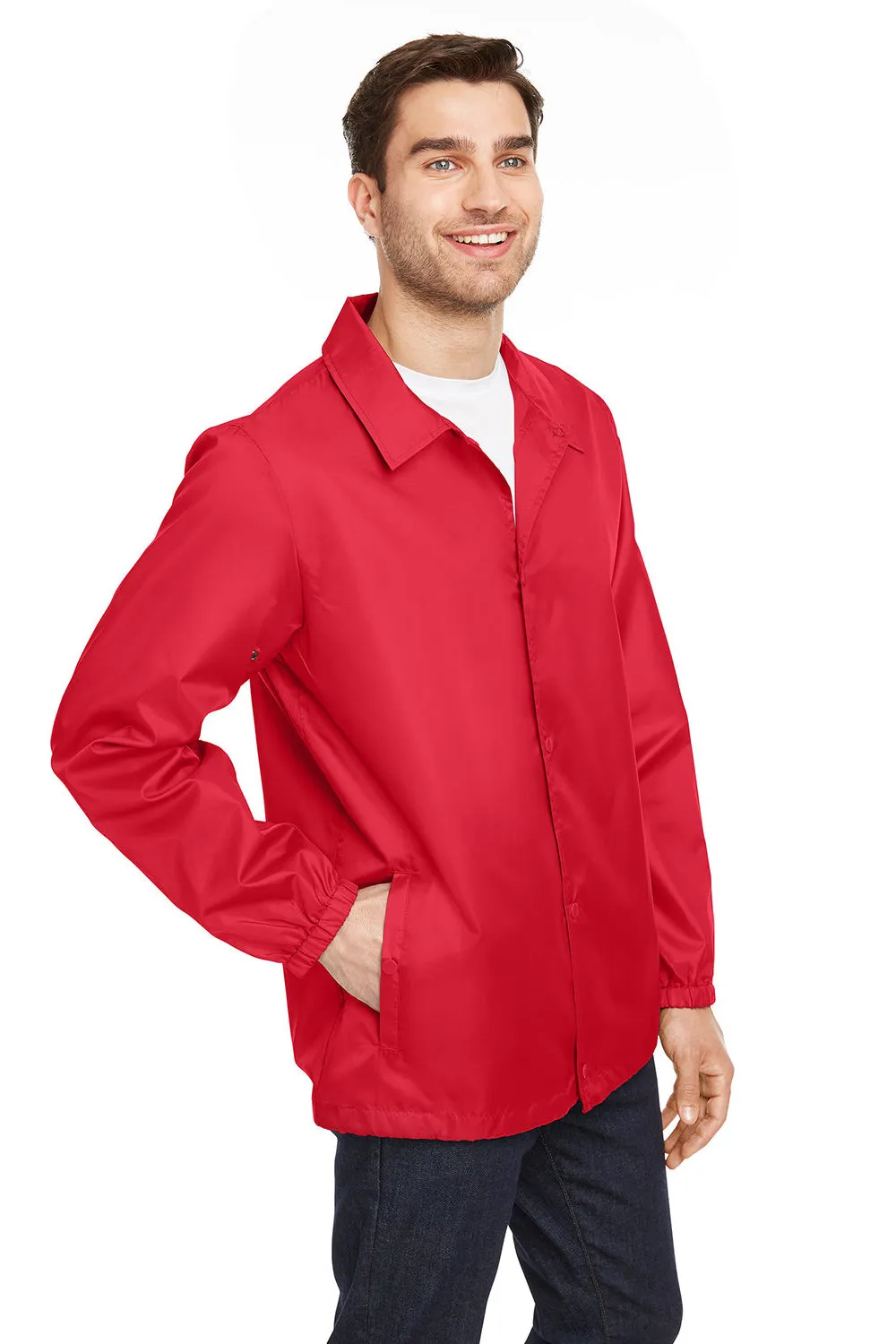 Team 365 Mens Zone Protect Water Resistant Snap Down Coaches Jacket - Red