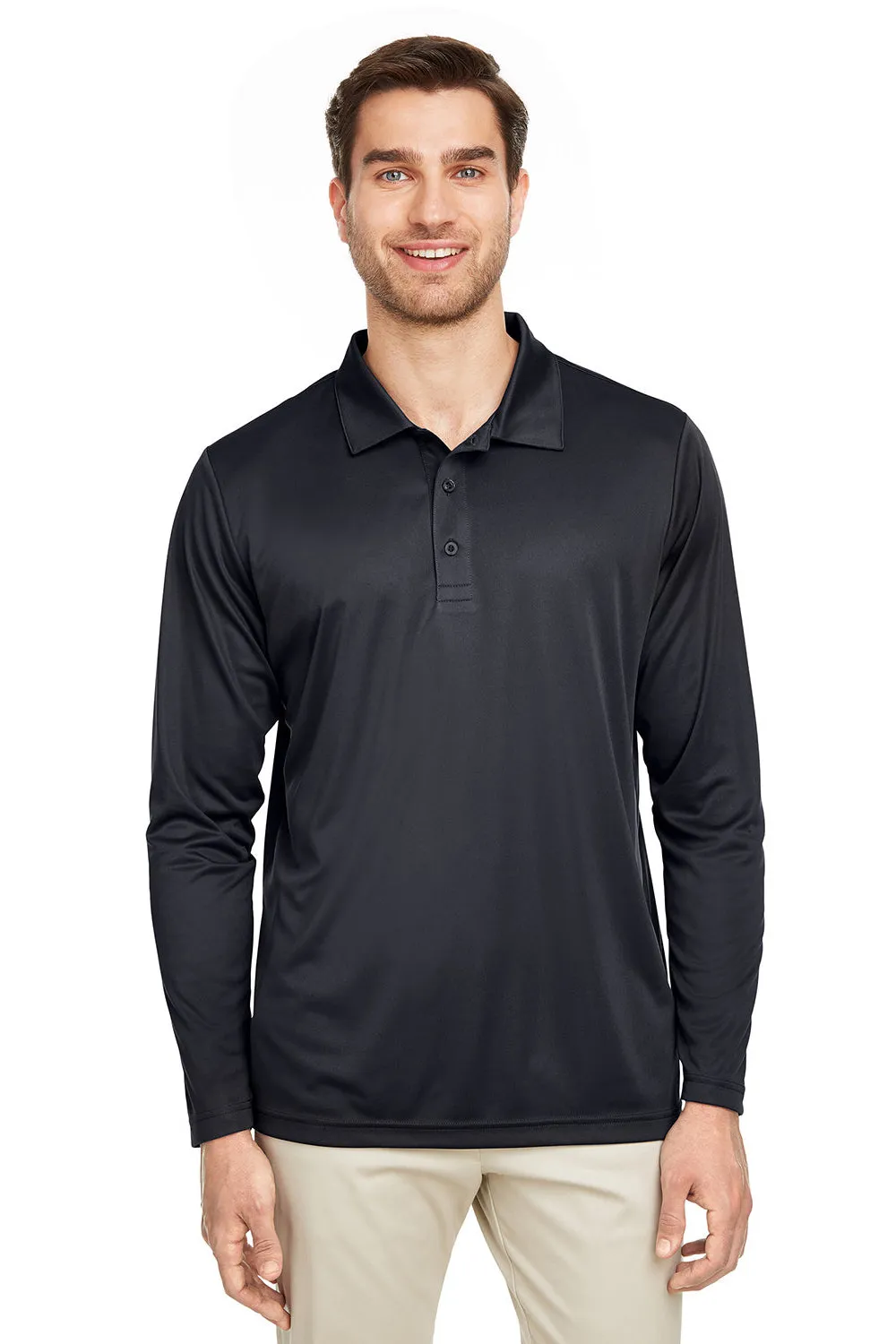 Team 365 Mens Zone Sonic Moisture Wicking Long Sleeve Polo Shirt - Black