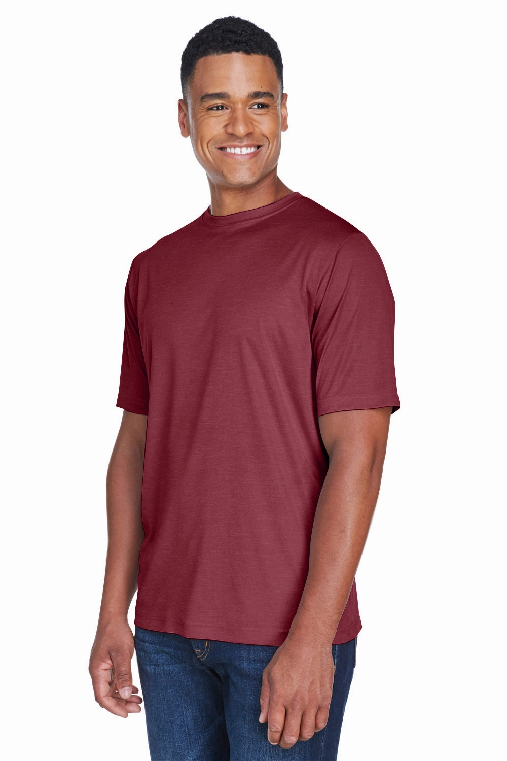 Team 365 Mens Sonic Performance Heather Moisture Wicking Short Sleeve Crewneck T-Shirt - Heather Maroon