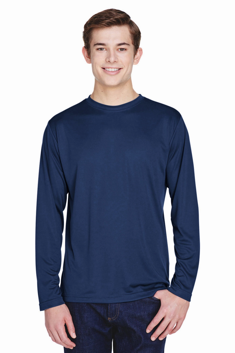 Team 365 Mens Zone Performance Moisture Wicking Long Sleeve Crewneck T-Shirt - Dark Navy Blue