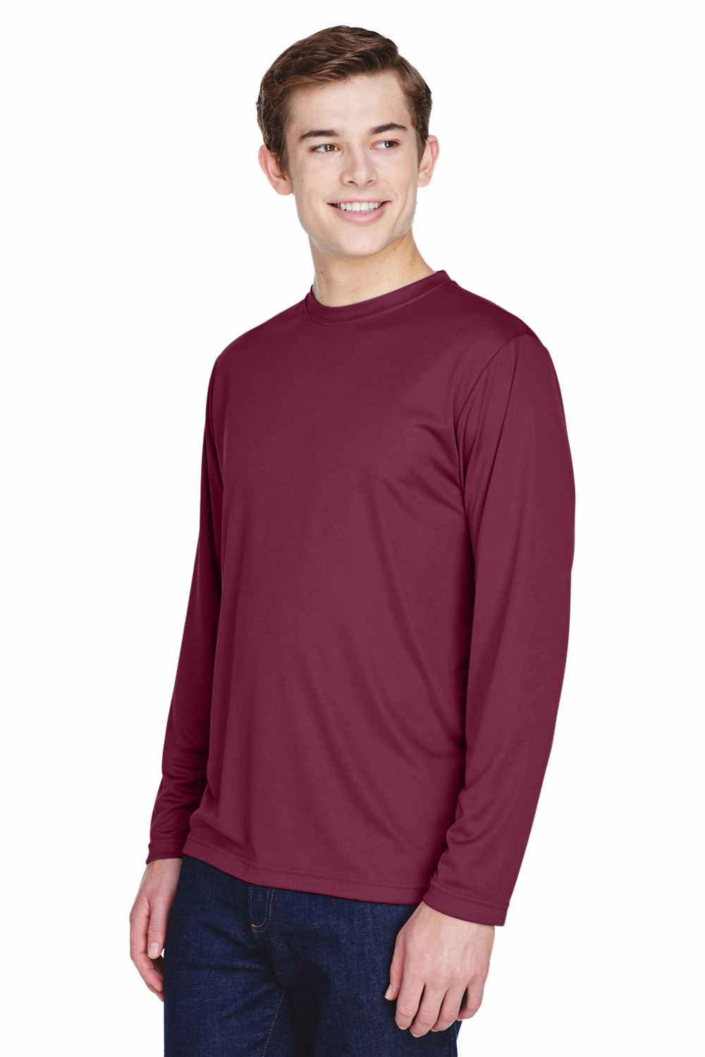 Team 365 Mens Zone Performance Moisture Wicking Long Sleeve Crewneck T-Shirt - Maroon