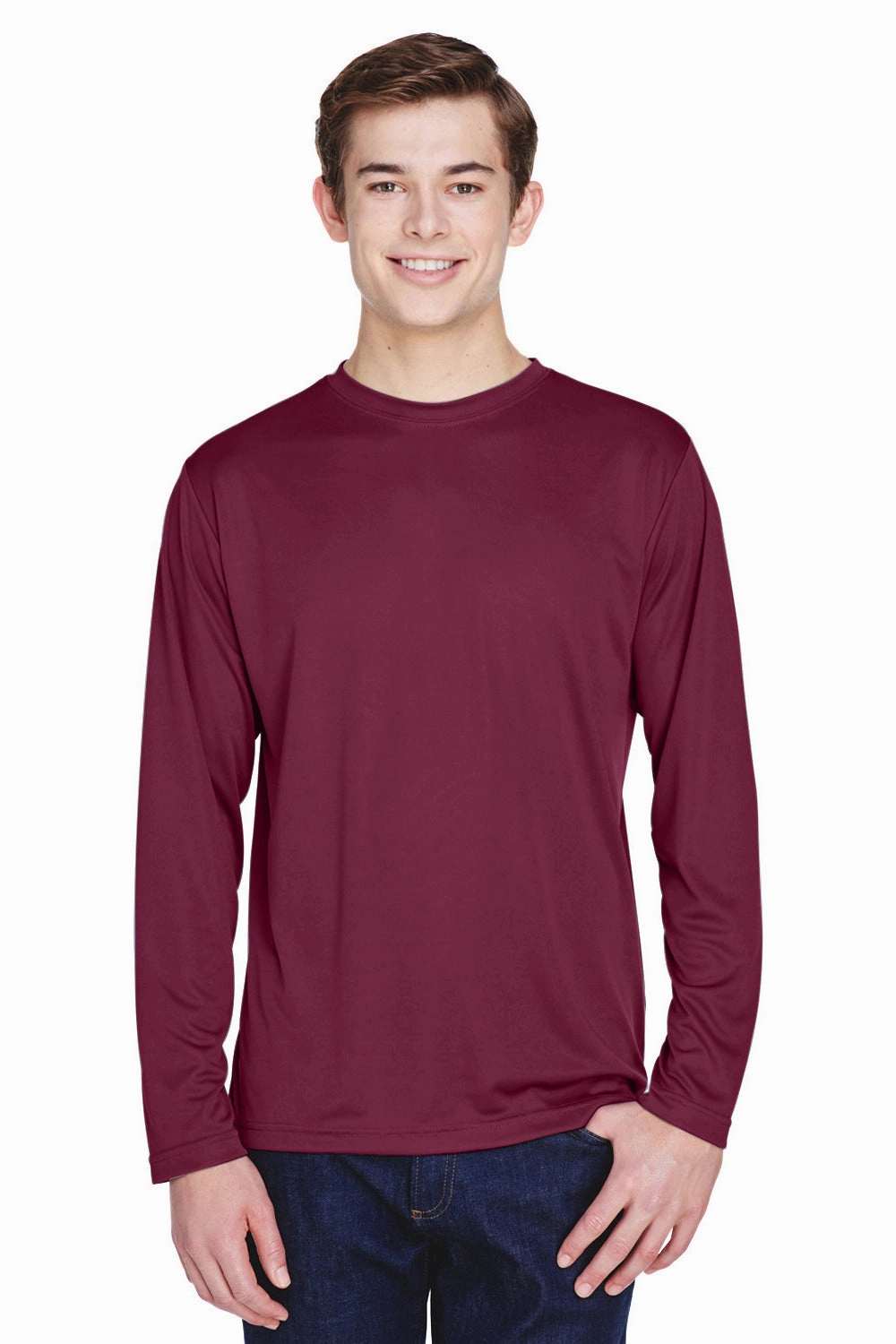 Team 365 Mens Zone Performance Moisture Wicking Long Sleeve Crewneck T-Shirt - Maroon