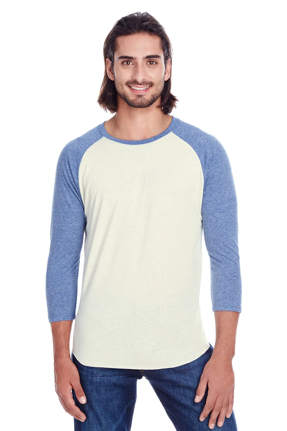 Threadfast Apparel Mens 3/4 Sleeve Crewneck T-Shirt - Cream/Navy Blue