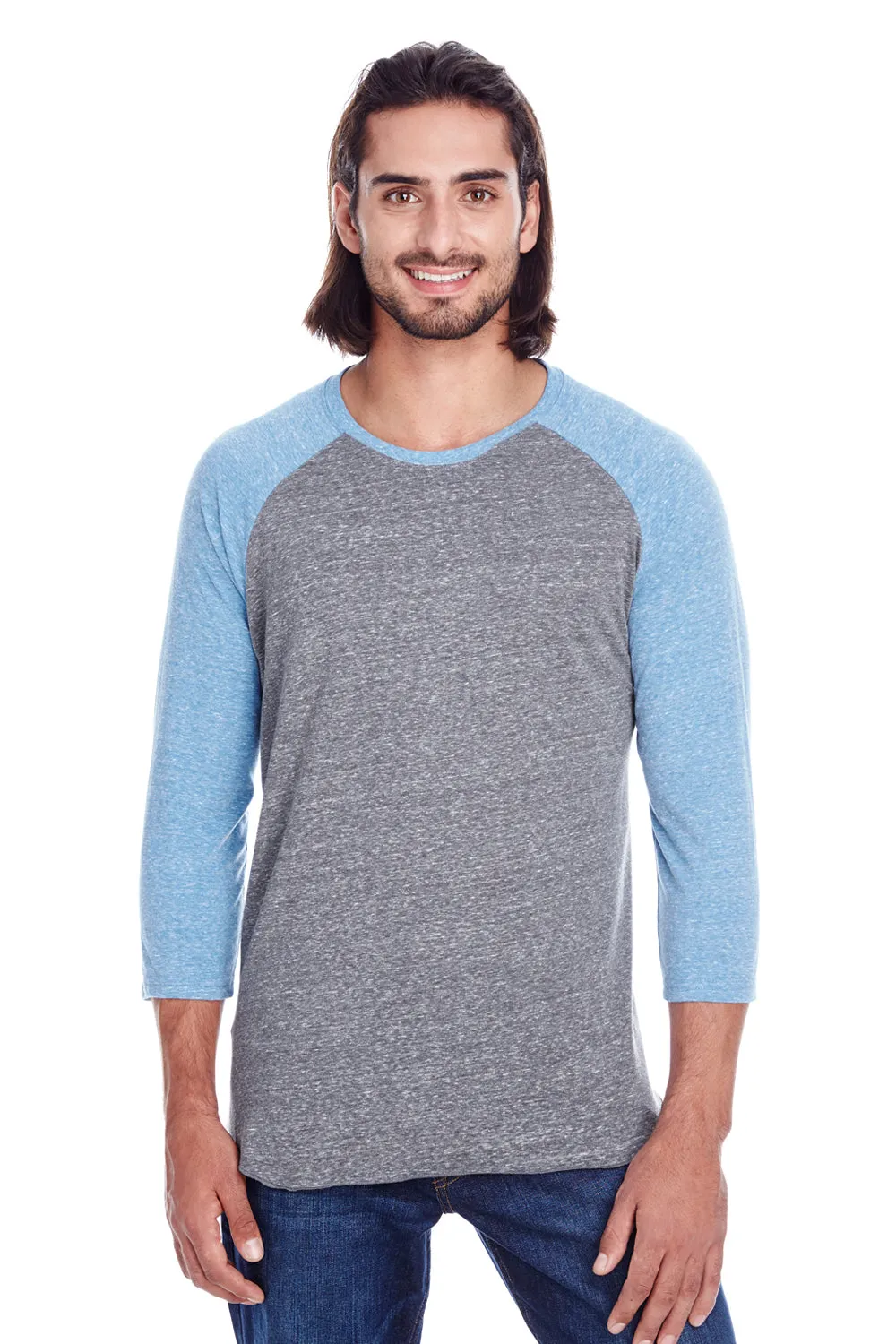 Threadfast Apparel Mens 3/4 Sleeve Crewneck T-Shirt - Grey/Royal Blue