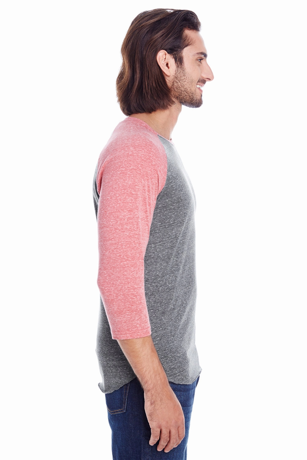 Threadfast Apparel Mens 3/4 Sleeve Crewneck T-Shirt - Grey/Red