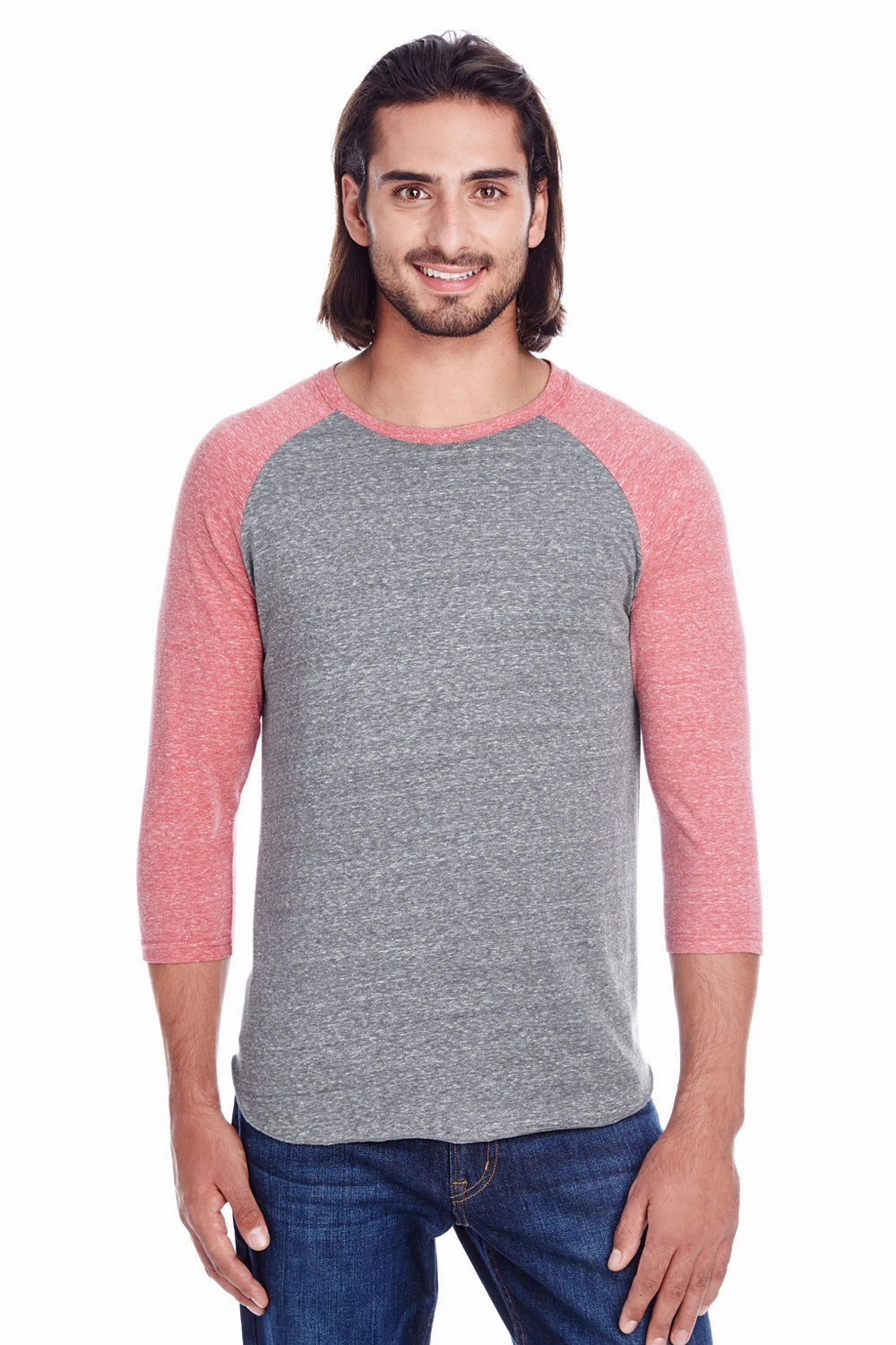 Threadfast Apparel Mens 3/4 Sleeve Crewneck T-Shirt - Grey/Red