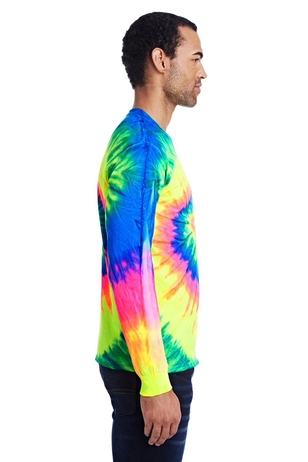 Tie-Dye Mens Long Sleeve Crewneck T-Shirt - Neon Rainbow