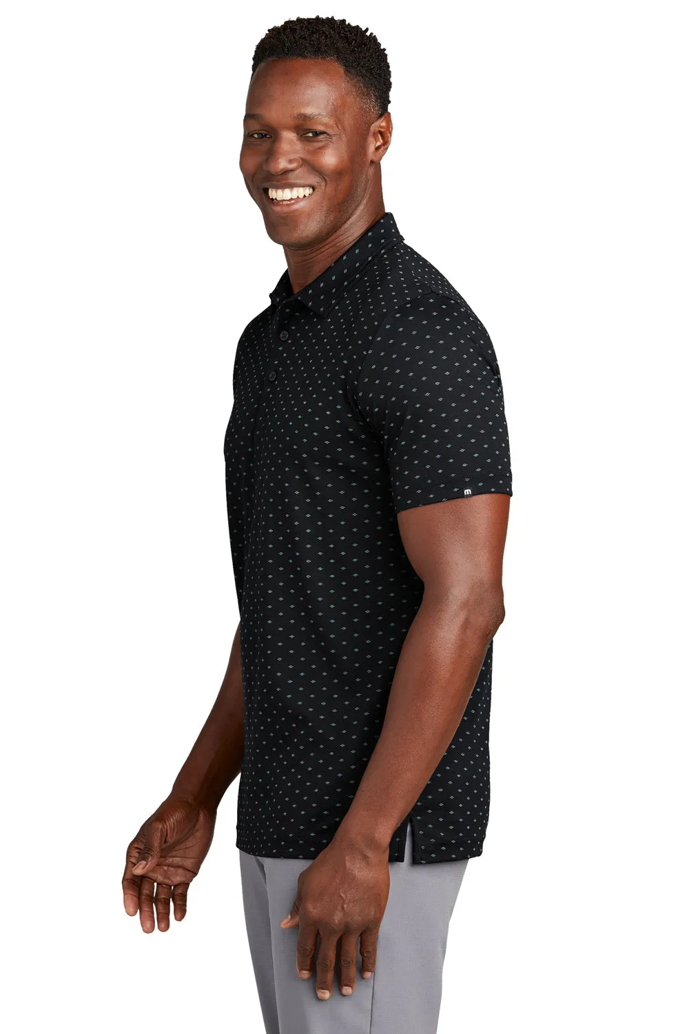 TravisMathew Mens Oceanside Geo Wrinkle Resistant Short Sleeve Polo Shirt - Black/Aegean Blue