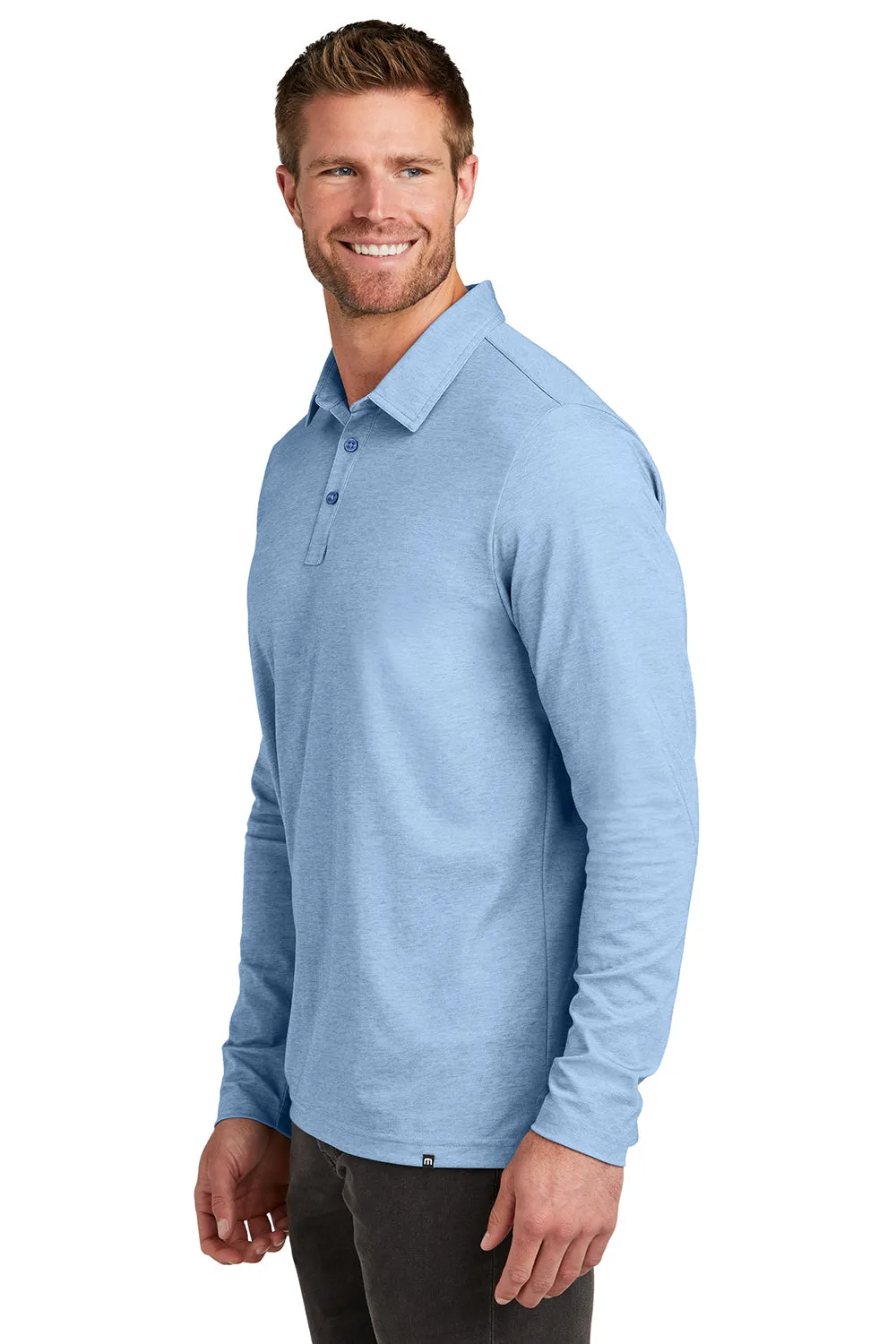 TravisMathew Mens Oceanside Moisture Wicking Long Sleeve Polo Shirt - Heather Allure Blue