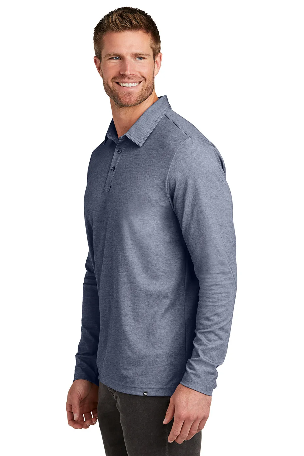 TravisMathew Mens Oceanside Moisture Wicking Long Sleeve Polo Shirt - Heather Blue Nights