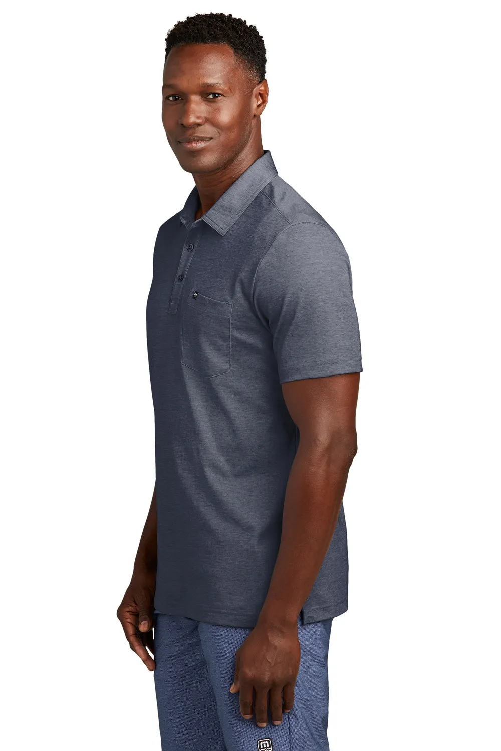 TravisMathew Mens Oceanside Moisture Wicking Short Sleeve Polo Shirt w/ Pocket - Heather Blue Nights