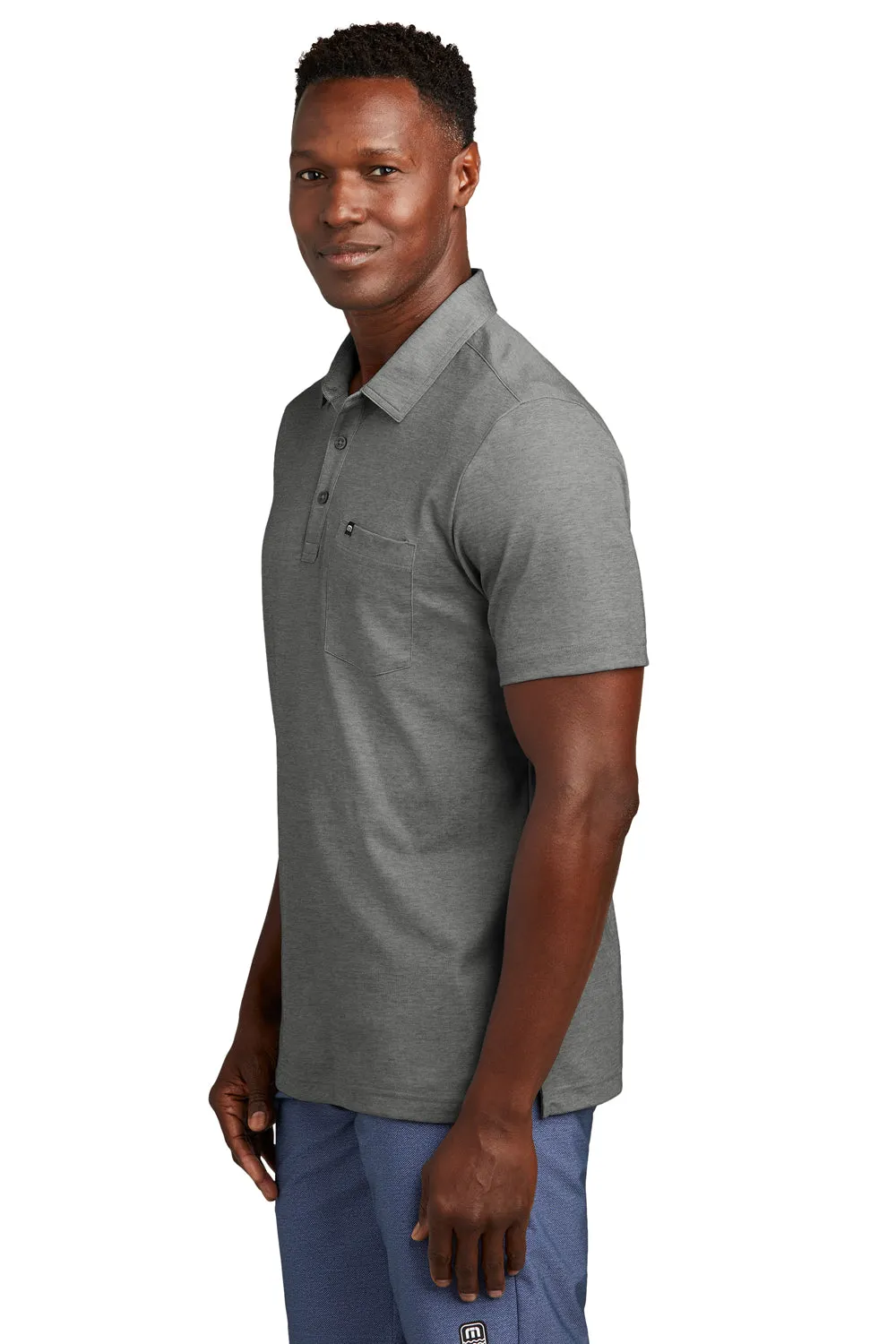 TravisMathew Mens Oceanside Moisture Wicking Short Sleeve Polo Shirt w/ Pocket - Heather Quiet Shade Grey