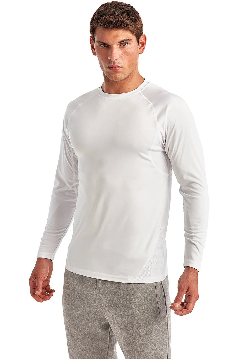 TriDri Mens Paneled Tech Moisture Wicking Long Sleeve Crewneck T-Shirt - White