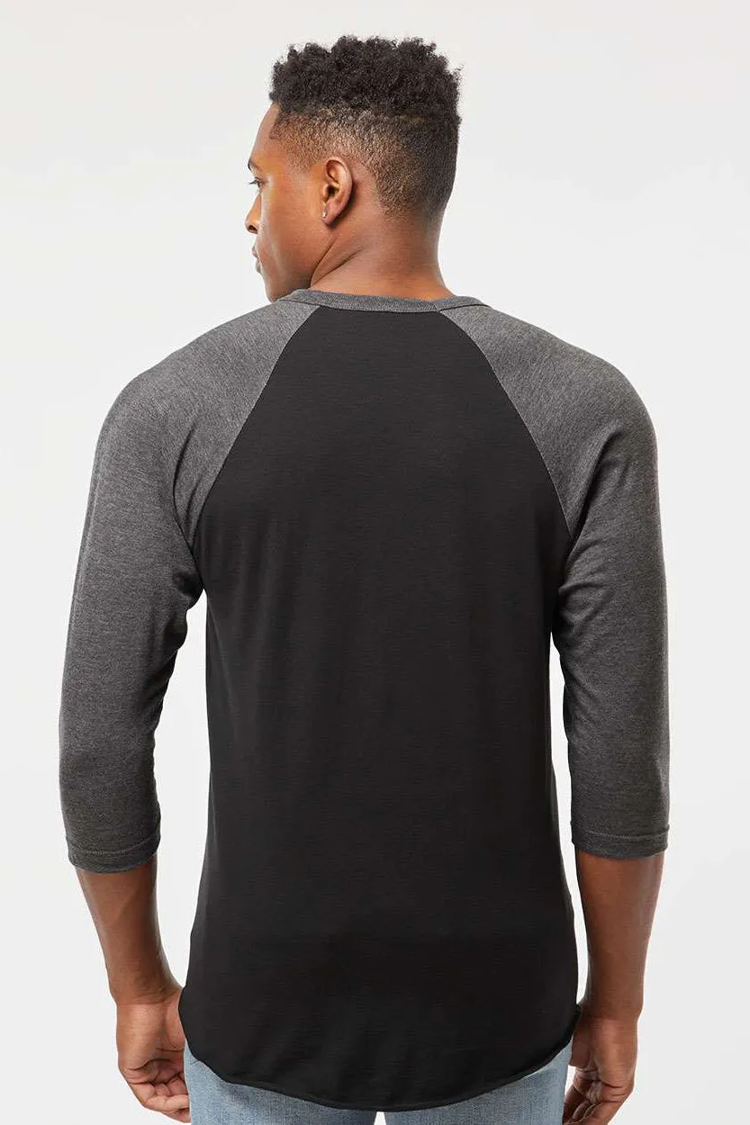 Tultex Mens Fine Jersey Raglan 3/4 Sleeve Crewneck T-Shirt - Black/Heather Charcoal Grey