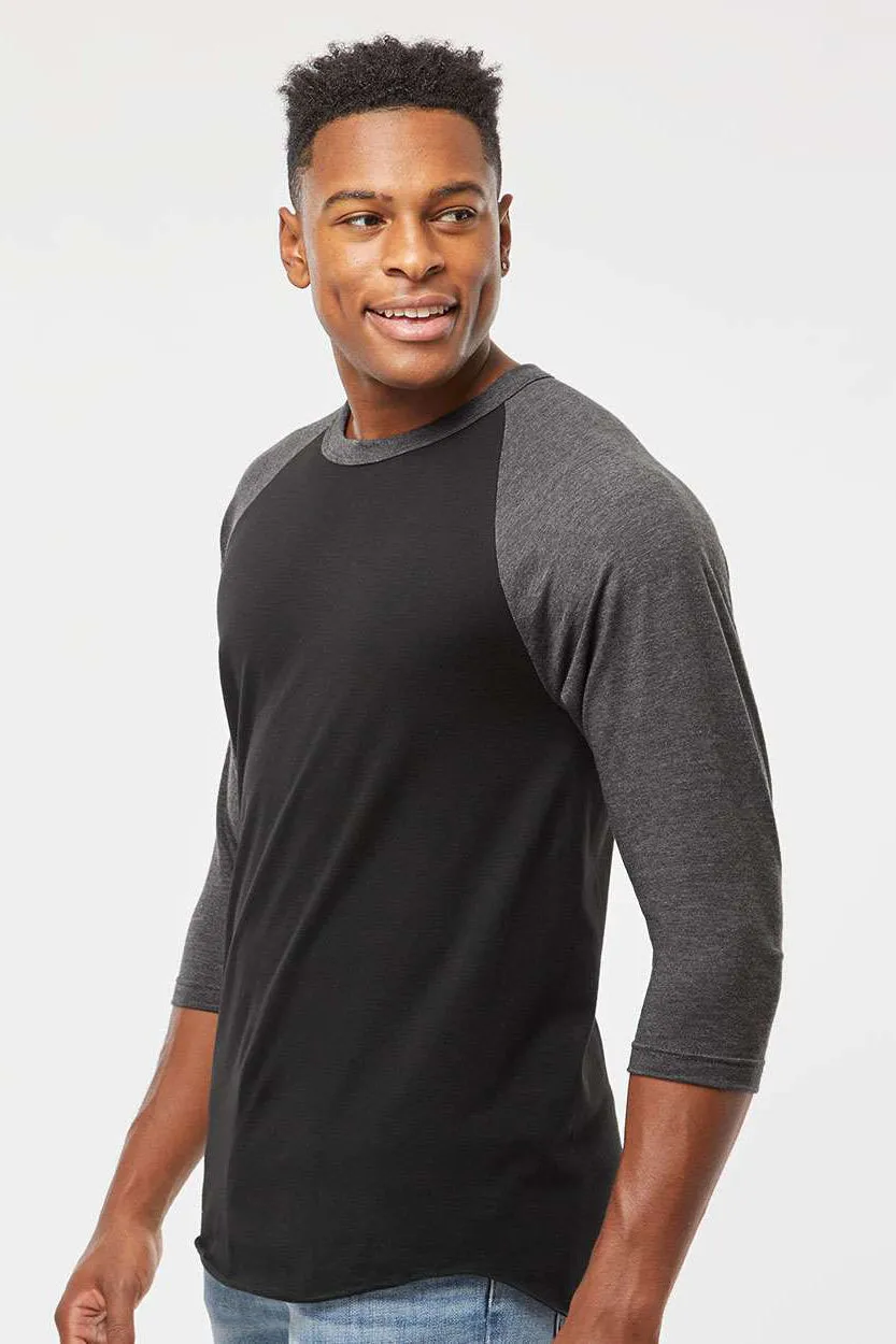 Tultex Mens Fine Jersey Raglan 3/4 Sleeve Crewneck T-Shirt - Black/Heather Charcoal Grey
