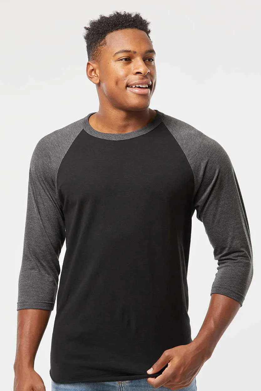 Tultex Mens Fine Jersey Raglan 3/4 Sleeve Crewneck T-Shirt - Black/Heather Charcoal Grey