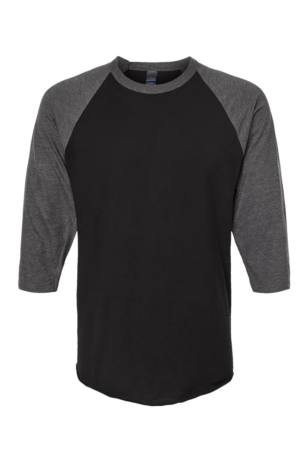 Tultex Mens Fine Jersey Raglan 3/4 Sleeve Crewneck T-Shirt - Black/Heather Charcoal Grey