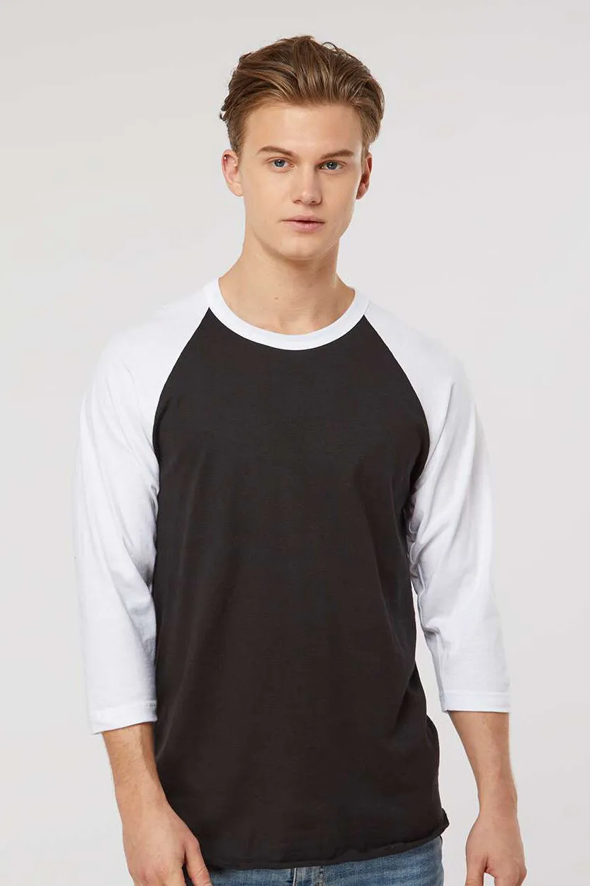 Tultex Mens Fine Jersey Raglan 3/4 Sleeve Crewneck T-Shirt - Black/White