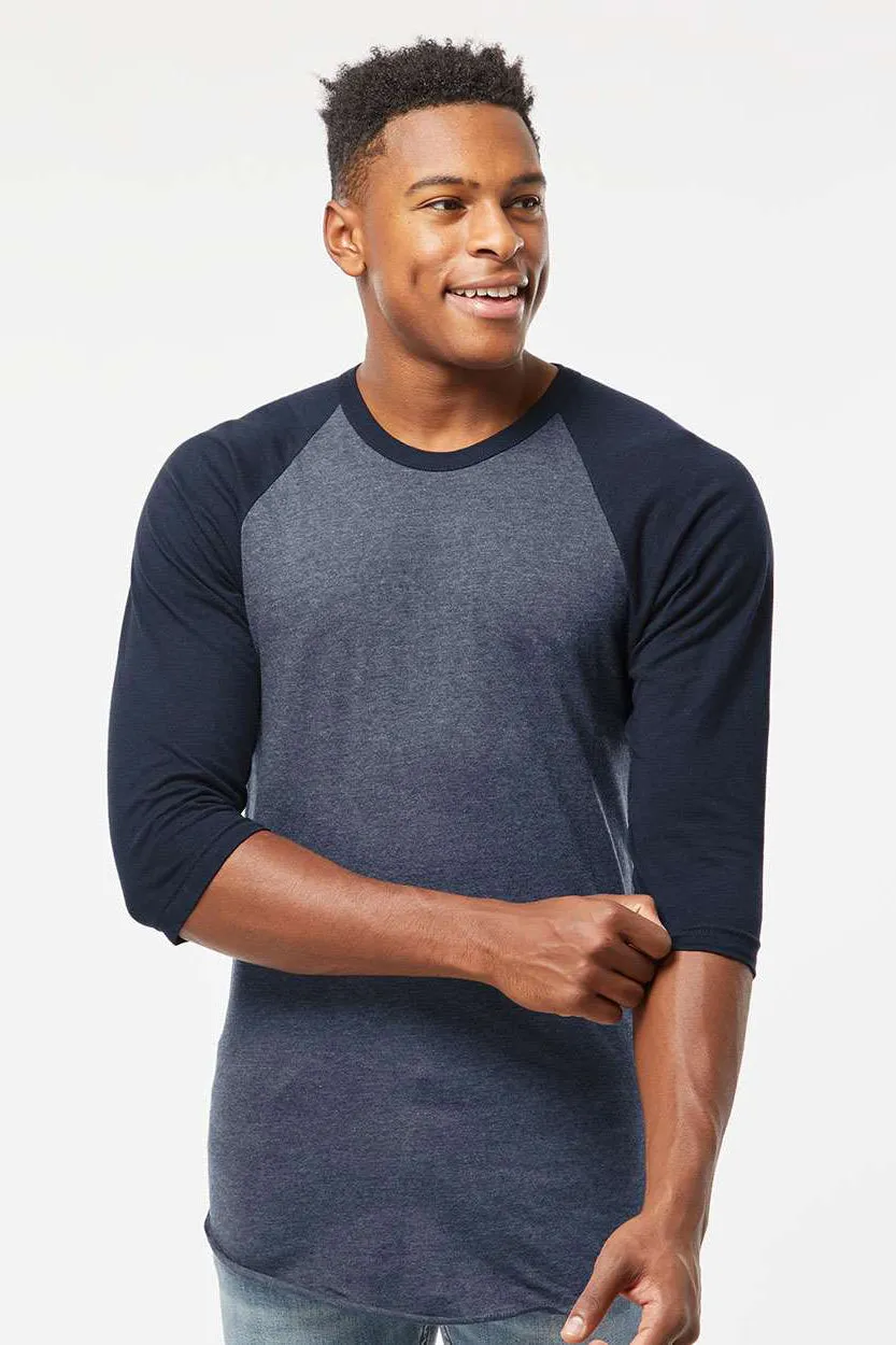 Tultex Mens Fine Jersey Raglan 3/4 Sleeve Crewneck T-Shirt - Heather Denim Blue/Navy Blue