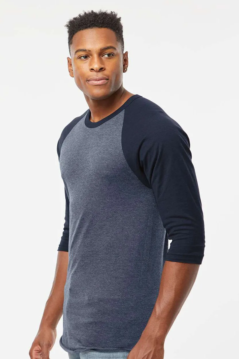 Tultex Mens Fine Jersey Raglan 3/4 Sleeve Crewneck T-Shirt - Heather Denim Blue/Navy Blue