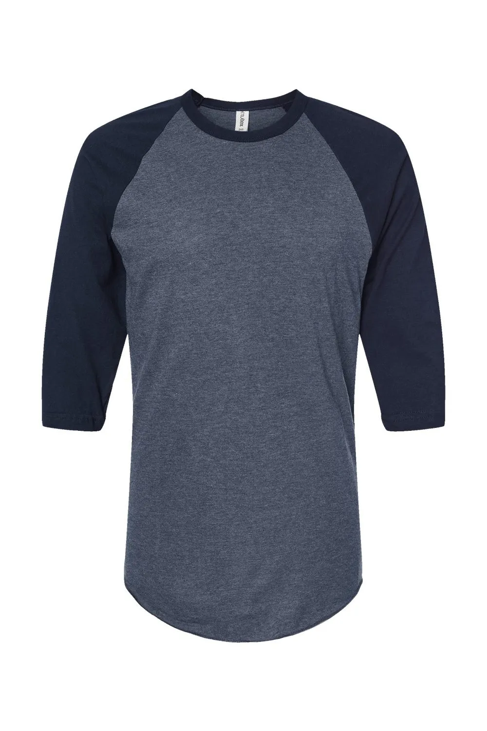 Tultex Mens Fine Jersey Raglan 3/4 Sleeve Crewneck T-Shirt - Heather Denim Blue/Navy Blue