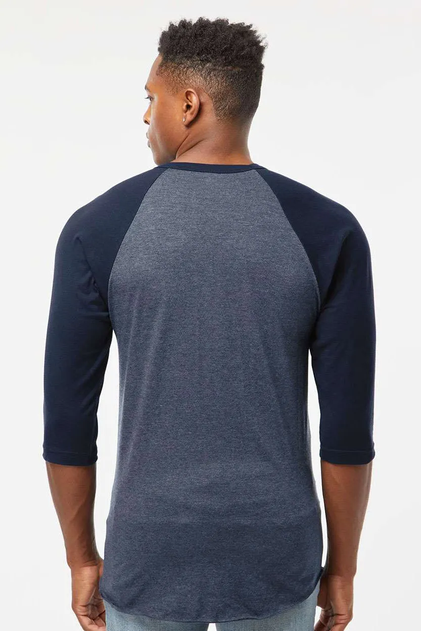Tultex Mens Fine Jersey Raglan 3/4 Sleeve Crewneck T-Shirt - Heather Denim Blue/Navy Blue