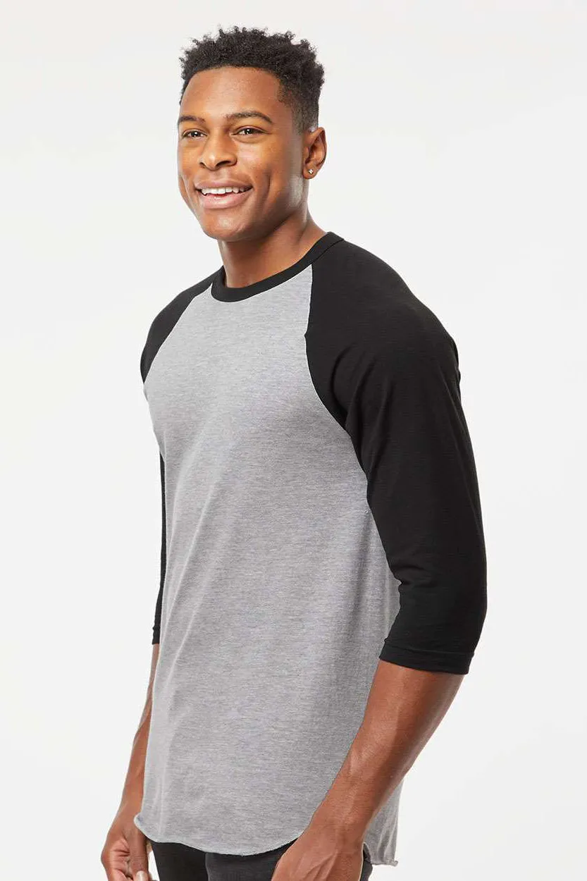 Tultex Mens Fine Jersey Raglan 3/4 Sleeve Crewneck T-Shirt - Heather Grey/Black