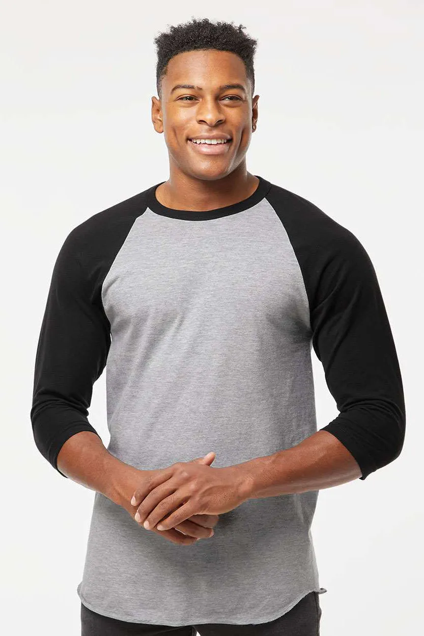 Tultex Mens Fine Jersey Raglan 3/4 Sleeve Crewneck T-Shirt - Heather Grey/Black