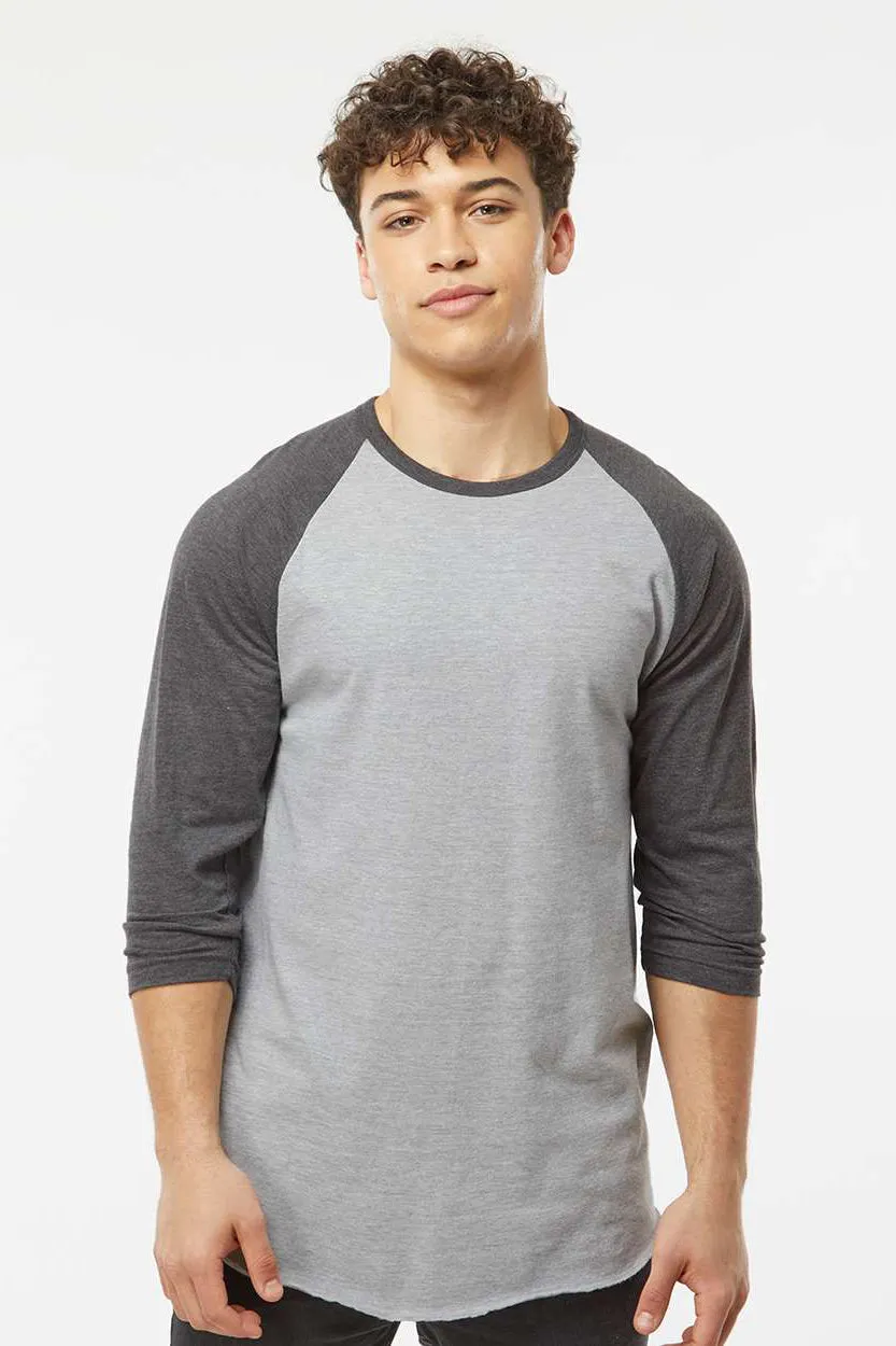 Tultex Mens Fine Jersey Raglan 3/4 Sleeve Crewneck T-Shirt - Heather Grey/Heather Charcoal Grey