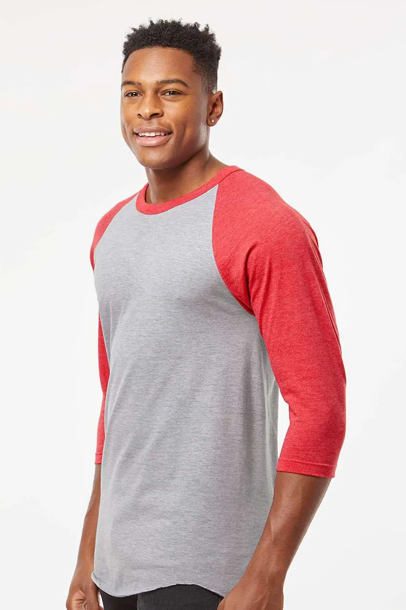 Tultex Mens Fine Jersey Raglan 3/4 Sleeve Crewneck T-Shirt - Heather Grey/Heather Red