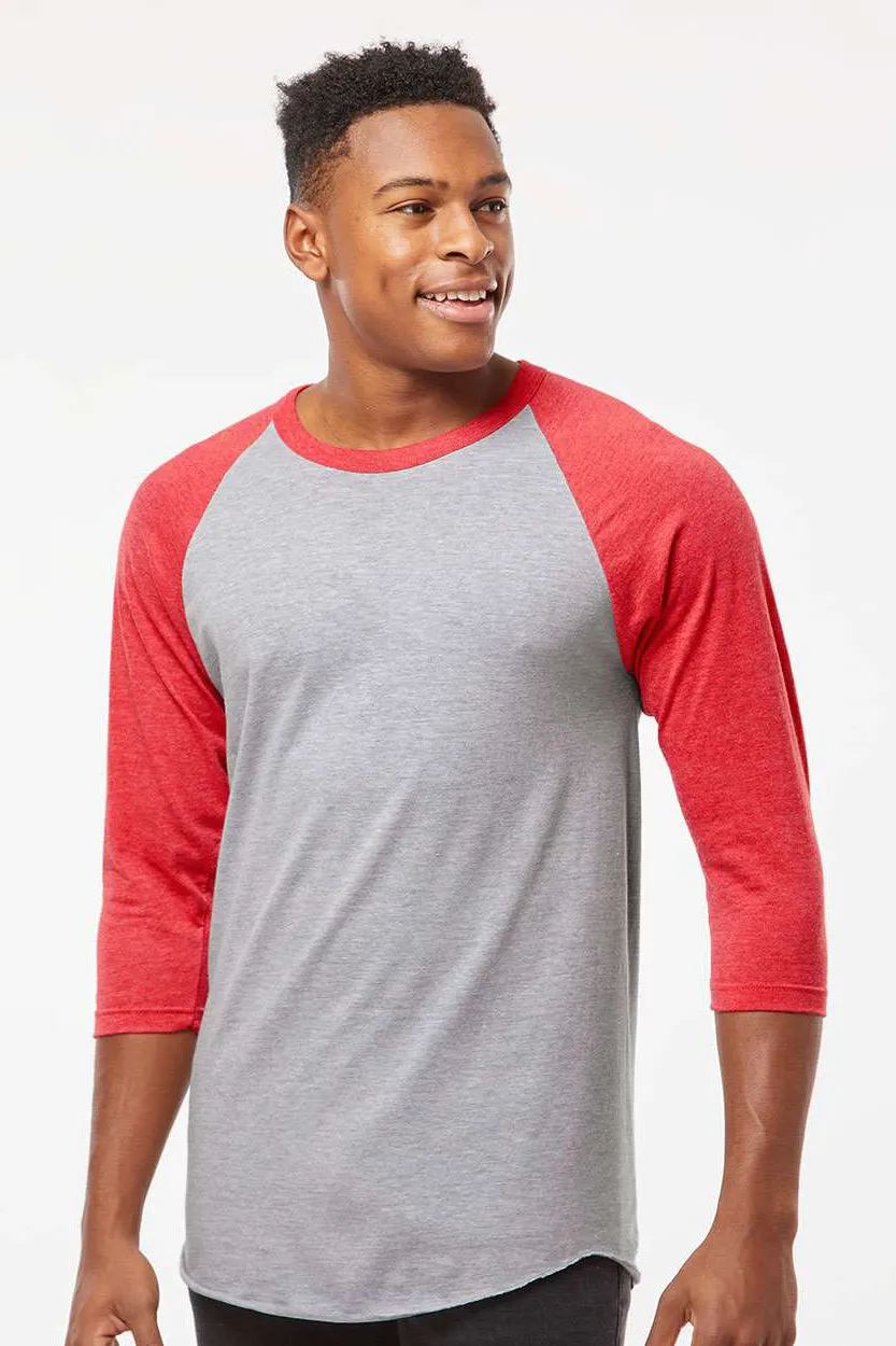 Tultex Mens Fine Jersey Raglan 3/4 Sleeve Crewneck T-Shirt - Heather Grey/Heather Red