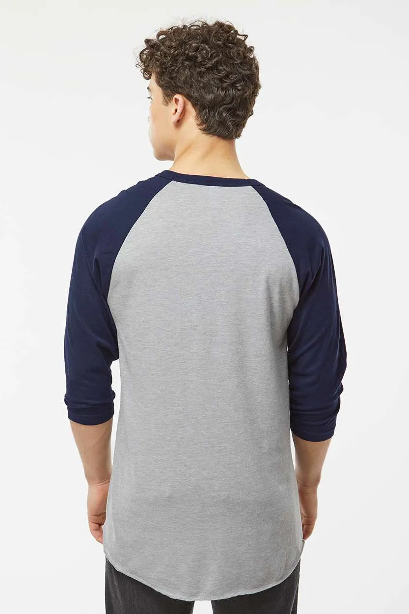 Tultex Mens Fine Jersey Raglan 3/4 Sleeve Crewneck T-Shirt - Heather Grey/Navy Blue