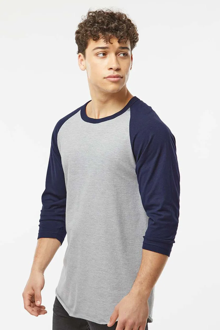 Tultex Mens Fine Jersey Raglan 3/4 Sleeve Crewneck T-Shirt - Heather Grey/Navy Blue