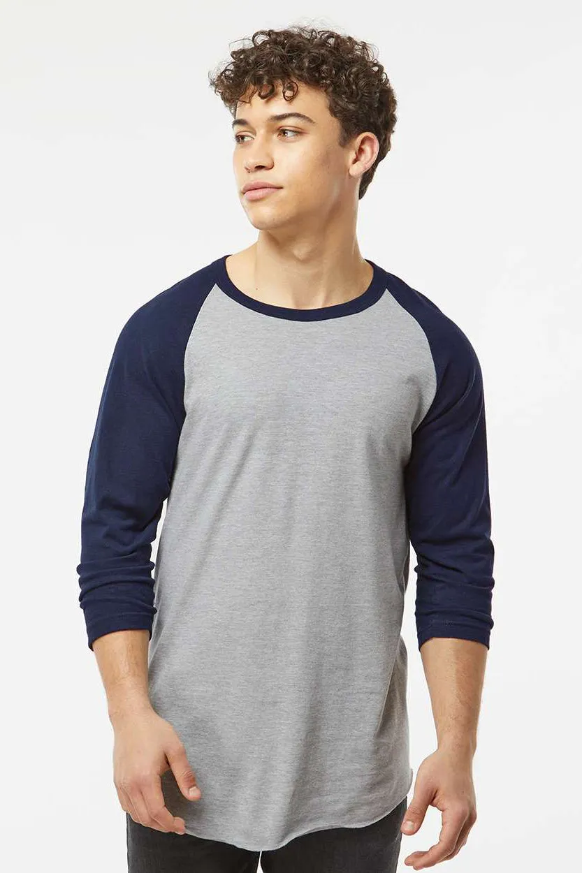 Tultex Mens Fine Jersey Raglan 3/4 Sleeve Crewneck T-Shirt - Heather Grey/Navy Blue