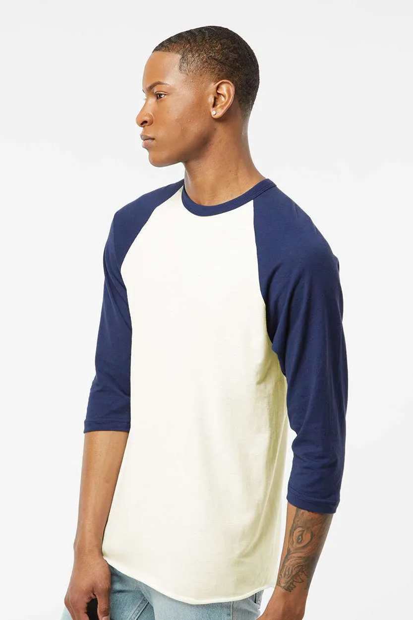 Tultex Mens Fine Jersey Raglan 3/4 Sleeve Crewneck T-Shirt - Vintage White/Inked India Blue